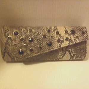 2B Bebe Cream and Black Clutch with Asymmetrical Flap